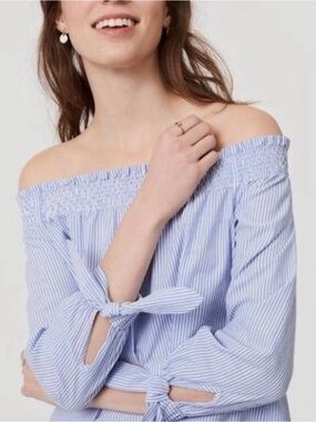 Loft off the shoulder Blue/White Striped Cotton Top Elasticated Tie 3/4 Sleeves